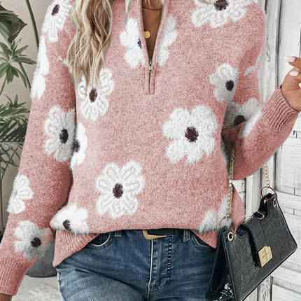 Flower Half Zip Long Sleeve Sweater