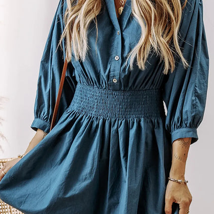 Smocked Half Button Three-Quarter Sleeve Mini Dress