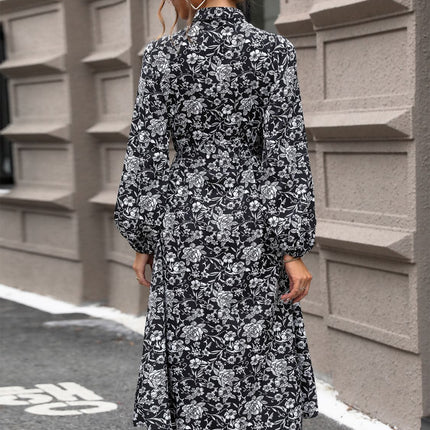 Lace Detail Printed Long Sleeve Midi Dress