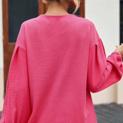 Waffle-Knit V-Neck Long Sleeve Blouse