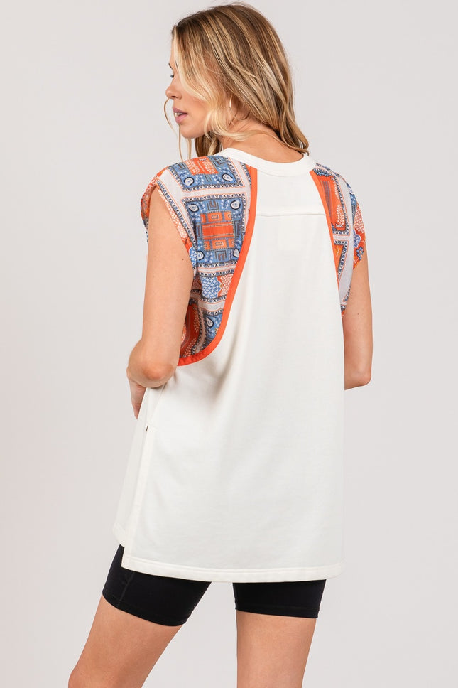 SAGE + FIG Patch Print Side Slit Sleeveless Top