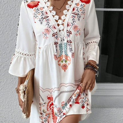 Lace Detail Printed Three-Quarter Sleeve Dress