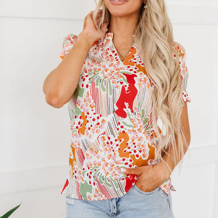 Printed Notched Short Sleeve Blouse