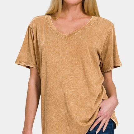 Zenana Full Size Washed Short Sleeve V-Neck T-Shirt