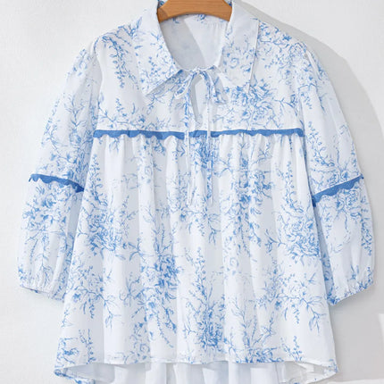 Printed Tie Neck Three-Quarter Sleeve Blouse