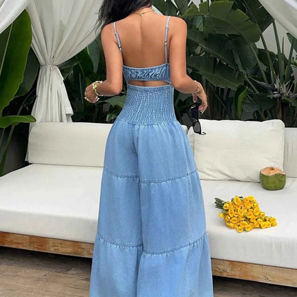 Tie-Front Cutout Smocked Wide Leg Denim Jumpsuit