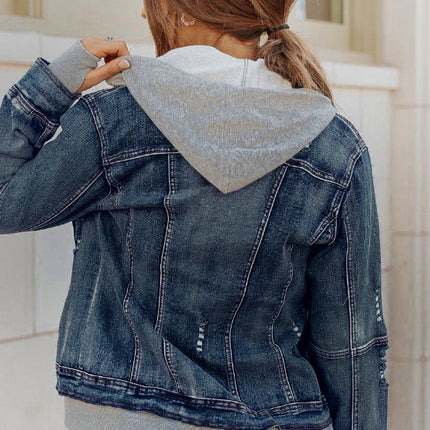 Fake Two-Piece Hooded Zip-Up Denim Jacket