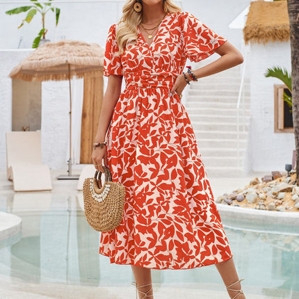 Printed Surplice Short Sleeve Midi Dress