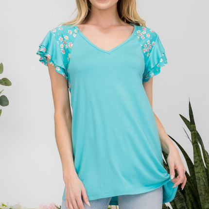 Celeste Full Size Floral Contrast Short Sleeve Top