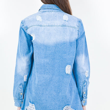 American Bazi Frayed Hem Distressed Denim Shirt Jacket