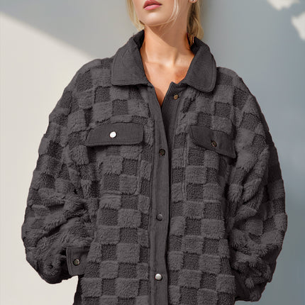 Double Take Button Up Fuzzy Checkered Shacket - Vickie Lynn's