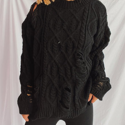 Distressed Cable-Knit Round Neck Long Sleeve Sweater