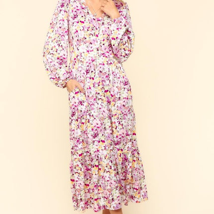 Haptics Full Size Floral V-Neck Long Sleeve Dress with Side Pockets