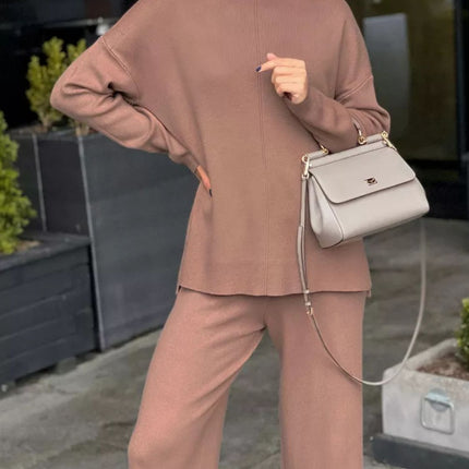 Slit Mock Neck Top and Pants Sweater Set