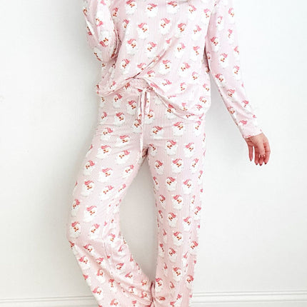 Santa Print Long Sleeve Top and Pants Lounge Set