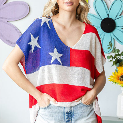 First Love Full Size USA Flag Drop Shoulder Knit Top