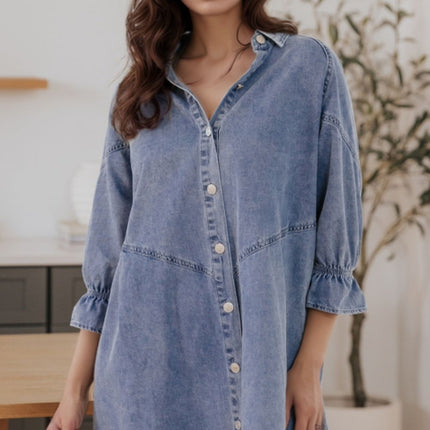 Distressed Collared Neck Flounce Sleeve Denim Dress