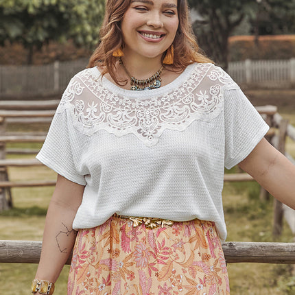 Plus Size Lace Detail Round Neck Short Sleeve Top