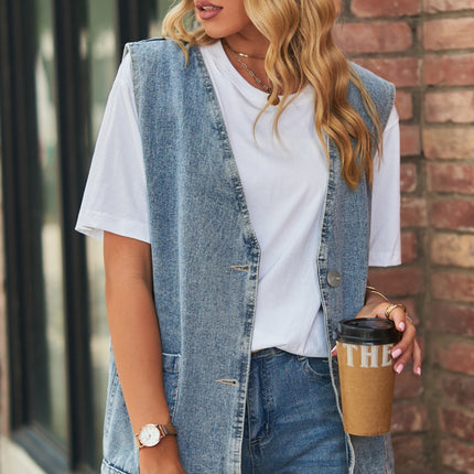 Full Size V-Neck Button Up Denim Vest