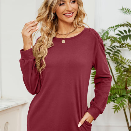 Ruched Shoulder Round Neck Long Sleeve Sweatshirt