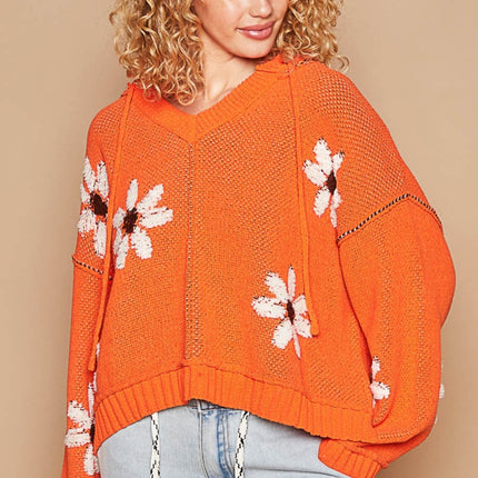 POL Floral Pattern Hooded High-Low Sweater