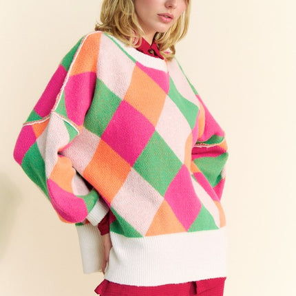 Davi & Dani Exposed Seam Color Block Dropped Shoulder Sweater