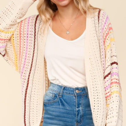 Haptics Full Size Striped Crochet Open Front Cardigan