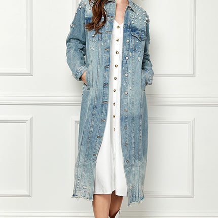 Veveret Full Size Distressed Raw Hem Pearl Detail Button Up Jacket