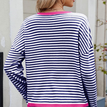 Striped Contrast Round Neck Long Sleeve Sweater