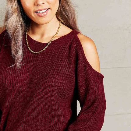 Double Take Round Neck Cold-Shoulder Ribbed Sweater