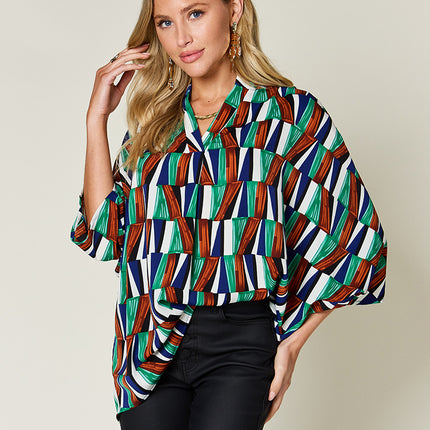 Double Take Full Size Geometric Notched Raglan Sleeve Blouse