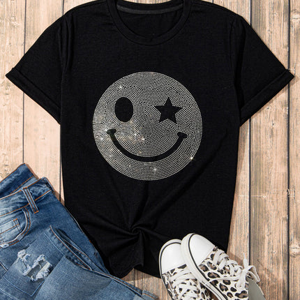 Rhinestone Smiley Round Neck Short Sleeve T-Shirt