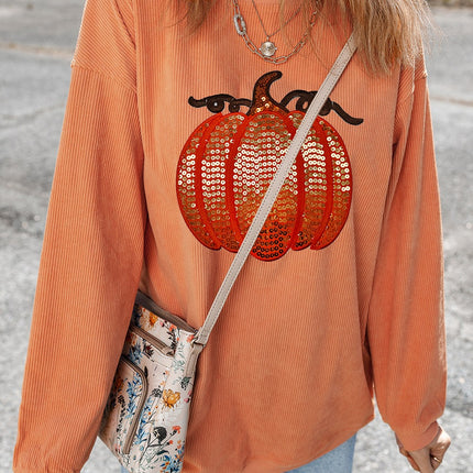 Sequin Pumpkin Round Neck Long Sleeve Sweatshirt