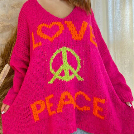 Peace Graphic V-Neck Long Sleeve Sweater