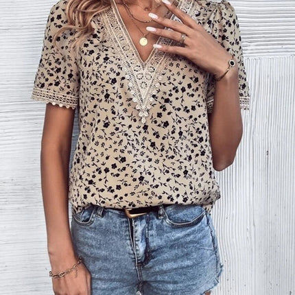 Full Size Printed V-Neck Short Sleeve Blouse
