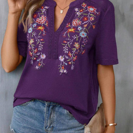 Embroidered Notched Short Sleeve T-Shirt