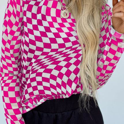 Checkered Mock Neck Long Sleeve Blouse