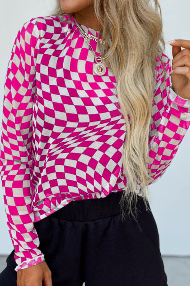 Checkered Mock Neck Long Sleeve Blouse - Vickie Lynn's