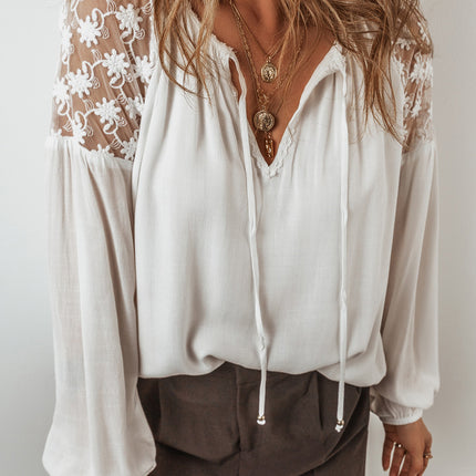 Lace Tie Neck Long Sleeve Blouse