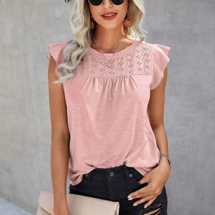 Ruffled Round Neck Cap Sleeve T-Shirt