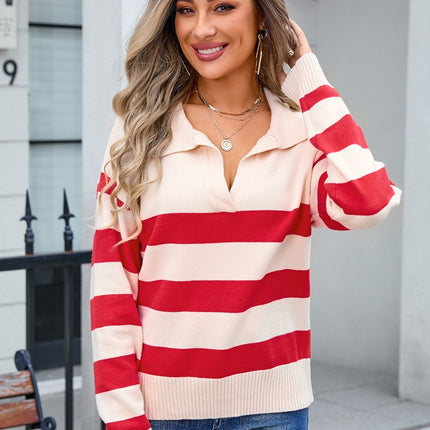 Striped Johnny Collar Knit Top