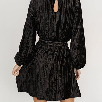 Velvet Round Neck Tie Waist Long Sleeve Mini Dress