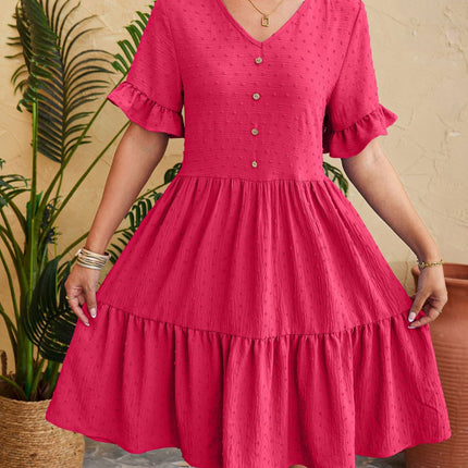 Swiss Dot Ruffled V-Neck Tiered Dress