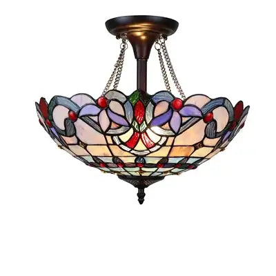 GRENVILLE Victorian Tiffany-Style Dark Bronze 2 Light Semi-Flush Ceiling Fixture