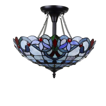 GRENVILLE Victorian Tiffany-Style Dark Bronze 2 Light Semi-Flush Ceiling Fixture