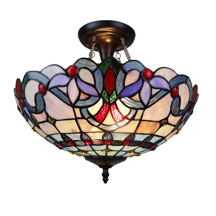 GRENVILLE Victorian Tiffany-Style Dark Bronze 2 Light Semi-Flush Ceiling Fixture