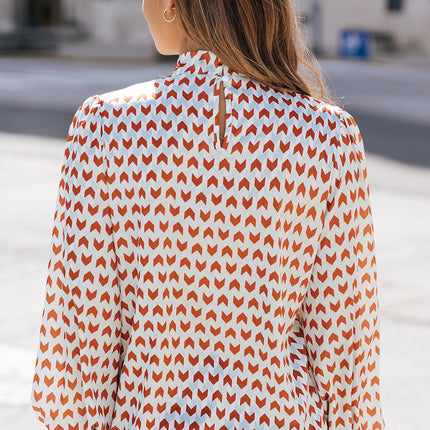 Double Take Printed Tie Neck Long Sleeve Blouse