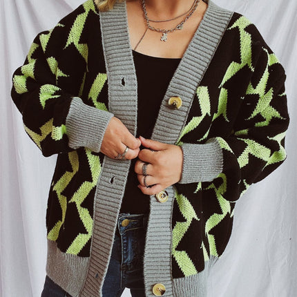 Contrast Trim Geometric V-Neck Long Sleeve Cardigan