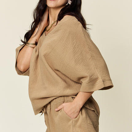 Double Take Texture Half Sleeve T-Shirt and Drawstring Shorts Set - Vickie Lynn's