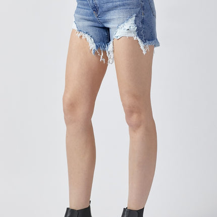 RISEN Raw Hem Asymmetrical Waist Denim Shorts